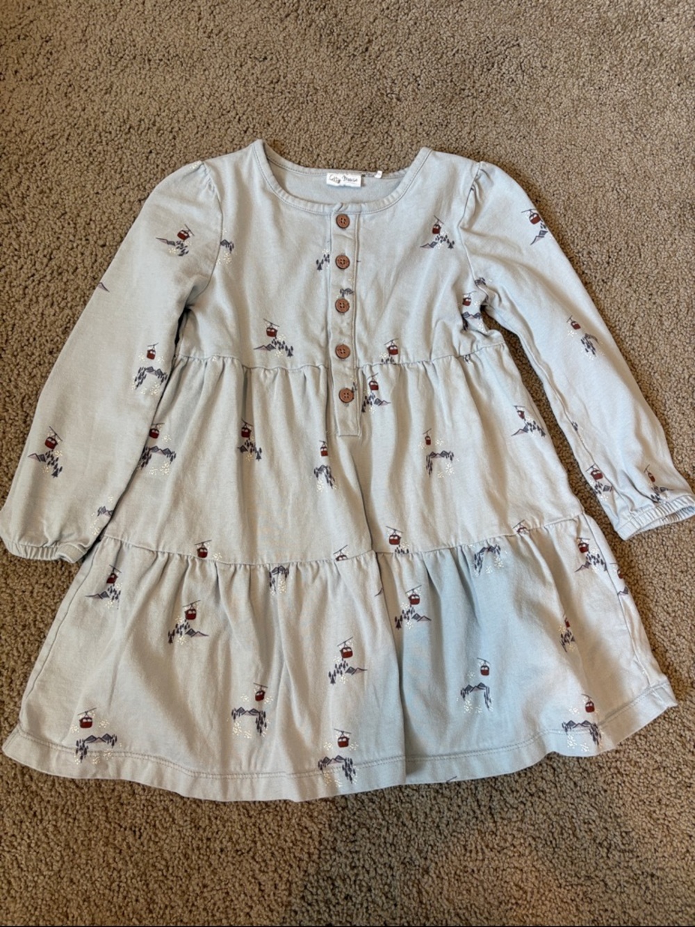 Girls' Gray Long-Sleeve Tiered Dress with Red ski lift motive